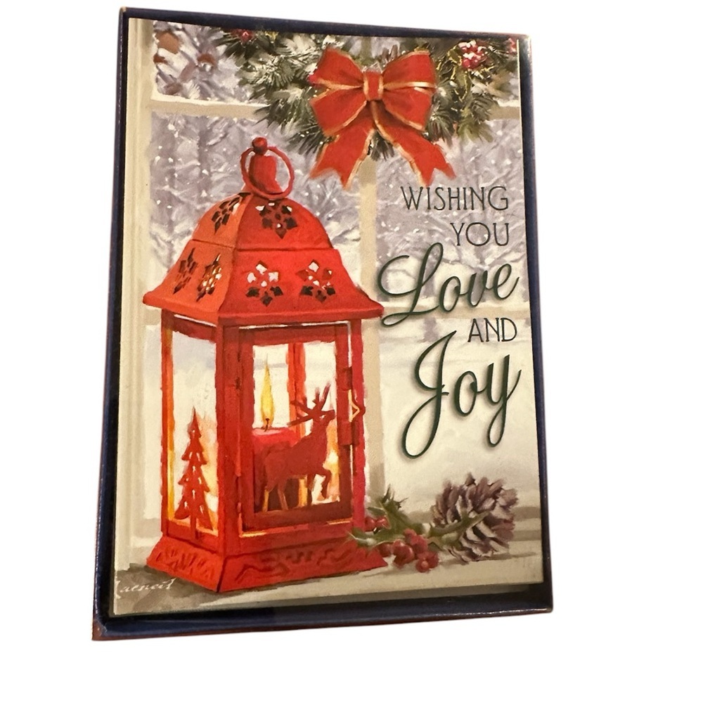 Holiday Red Lantern with Reindeer Design Christmas cards ￼